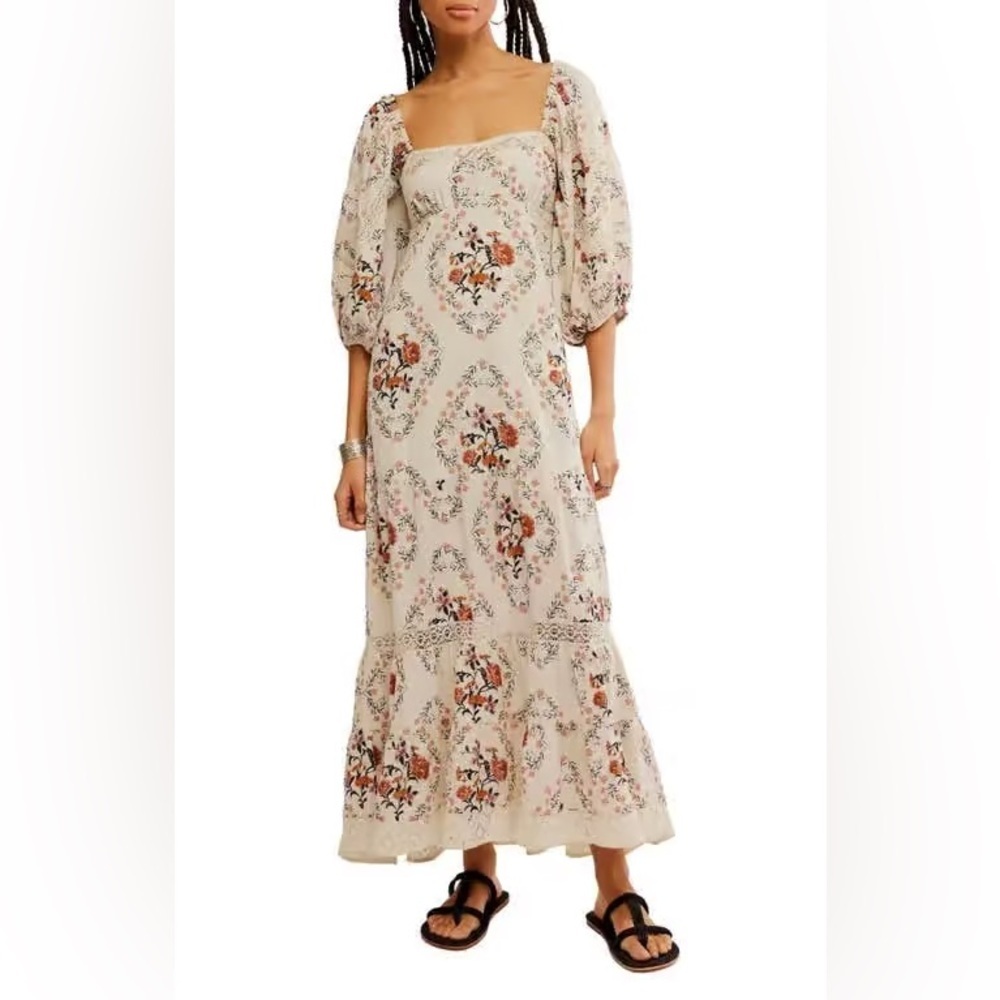 Free People All The Attitude Cream Floral Maxi Dress With Lace Detail